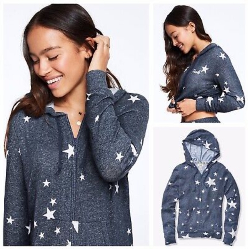 Victoria's Secret Pink Zipper Navy Star Hoodie Small Soft